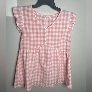 Pink Checkered Ruffle Sleeve Top